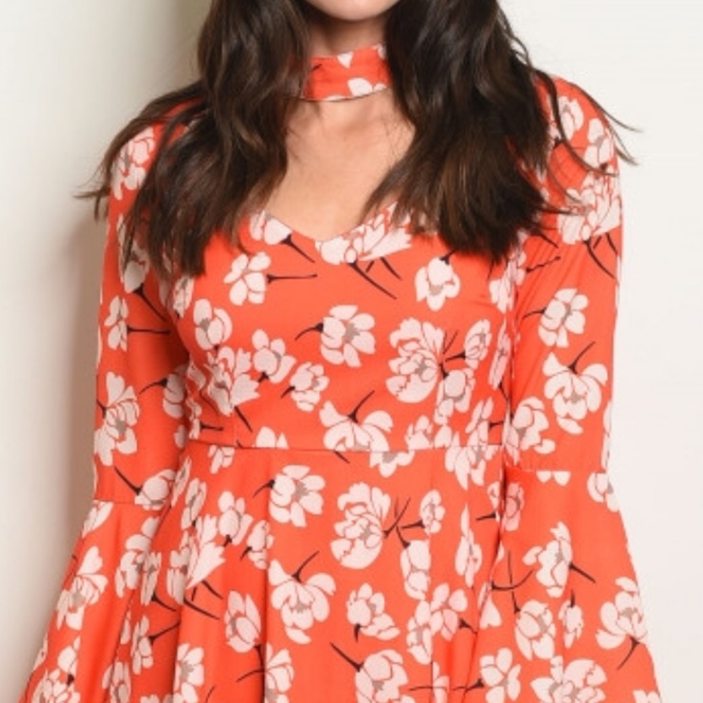 ORANGE FLORAL CHOKERNECK LONGSLEEVE DRESS Small - Picture 3 of 6